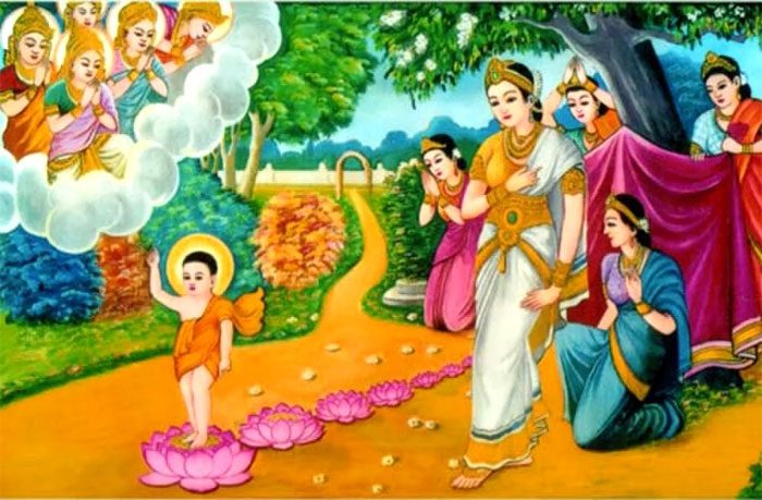 Buddha took seven steps on seven lotus flowers, one hand pointing to the sky and the other to the earth.