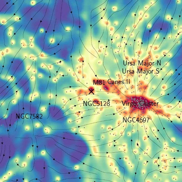 Dark matter map with an X marking the galaxy containing Earth