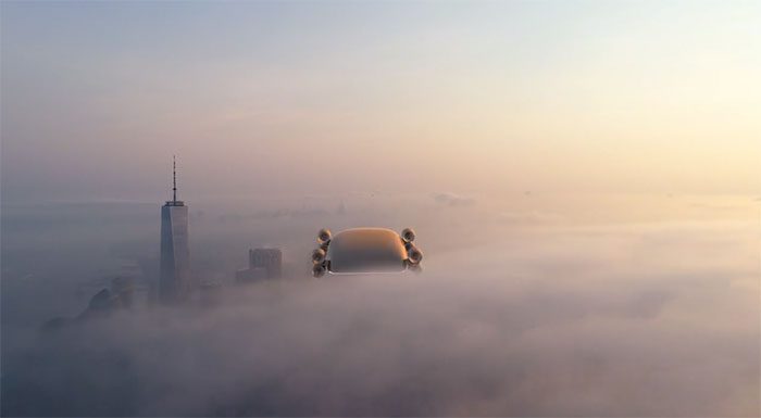 Vertical takeoff and landing bus powered by 8 rotors arranged in pairs.