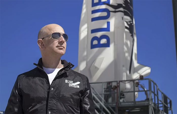 Blue Origin founder Jeff Bezos inspects the New Shepard launch facility in West Texas.