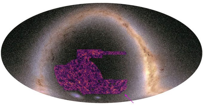 The DES dark matter map (in purple) overlaying an image of the Milky Way.