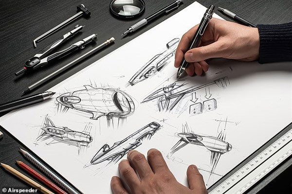 The design of the flying racing car combines elements of helicopters, fighter jets, and Formula 1 cars.