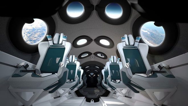 Inside the cabin of the VSS Unity spacecraft.