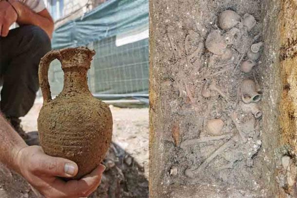 A small urn buried with the deceased