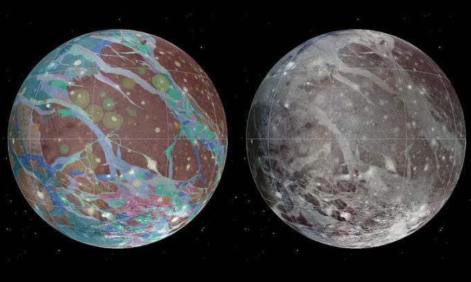 Color composite map (left) and geological map (right) of Ganymede