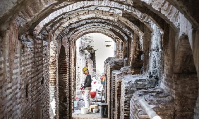 The waiting area beneath the Roman Colosseum during restoration.