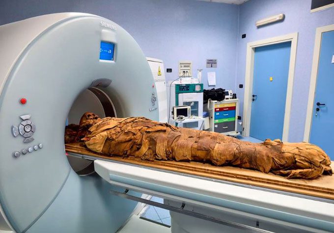 CT scan technology allows for 3D imaging to study the mummy comprehensively.