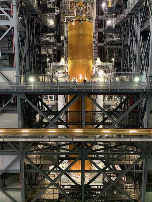 The Space Launch System consists of a core stage and two solid rocket boosters.
