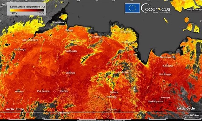 Image from June 20 reveals a heatwave in Siberia (the redder the color, the higher the temperature)