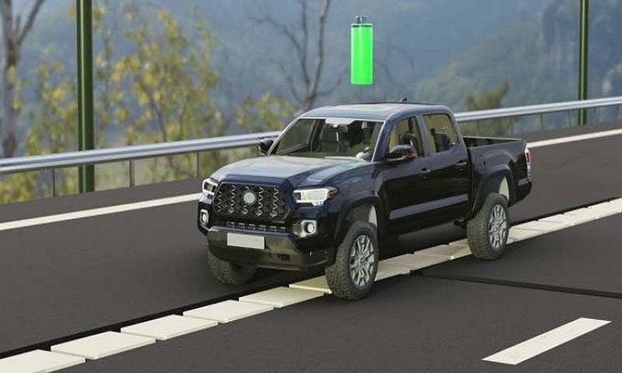 Simulation of a vehicle driving on a road made from Magment material.