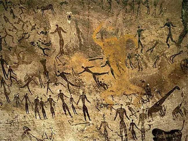 Murals on the cliffs in the Sahara Desert.