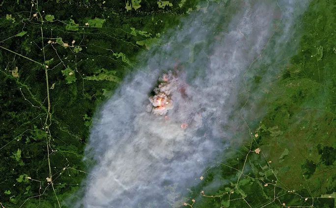 Satellite image provided by the European Union showing a wildfire near Pink Mountain