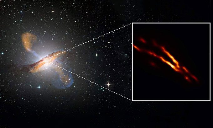 Jet of plasma emitted from the black hole at the center of the Centaurus A galaxy.