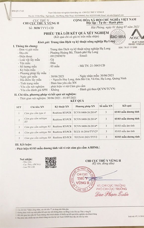 Test result samples from the Regional Veterinary Department II