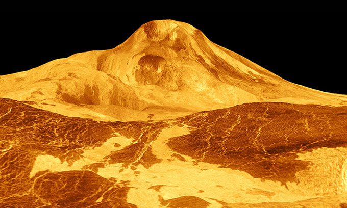 The Magellan spacecraft captured an image of the massive Maat Mons volcano on Venus in 1991.
