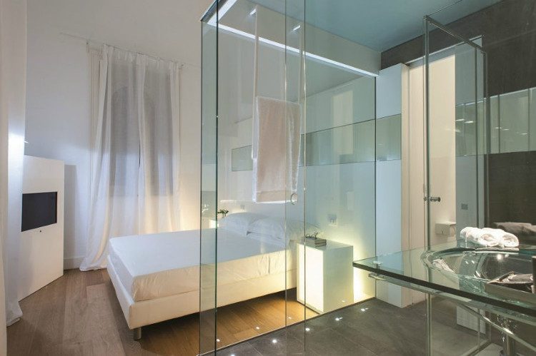 Transparent bathroom, meaning you can see out from inside and others can see in from outside.