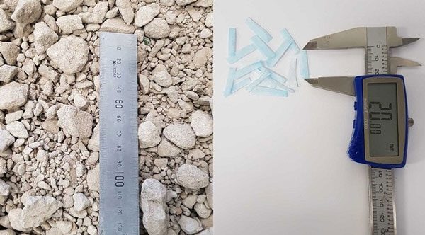 Recycled concrete aggregate (left) and mask fragments mixed for recycling