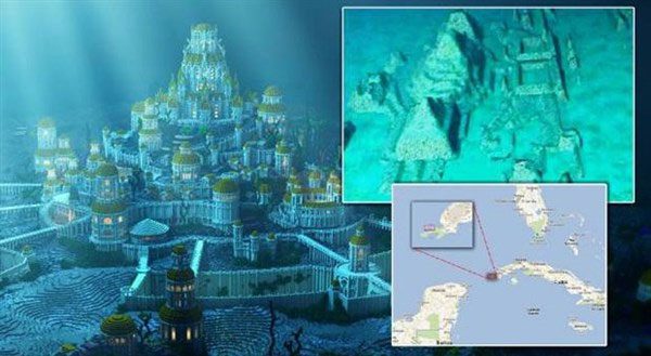 The location of the “sunken city” and a conceptual sketch of its architecture.