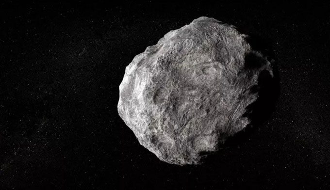 Simulation of an asteroid flying through space.