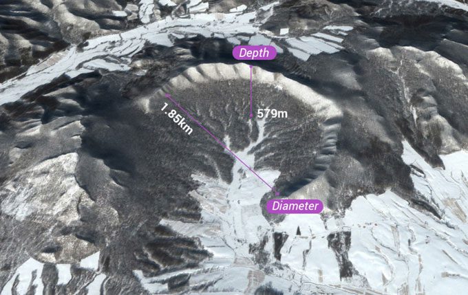 Yilan meteorite crater is 1.85km wide and 579m deep.