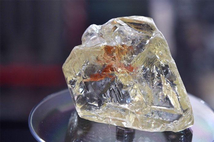 Diamond is a colorless crystal made of pure carbon with very high hardness.