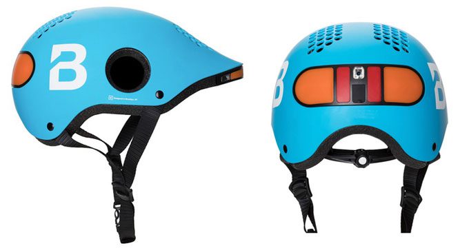 Classon helmet equipped with lights, rear lights, turn signals, and camera.