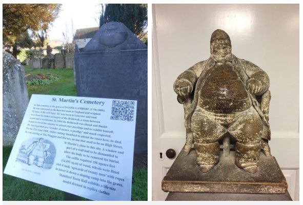 The tombstone and statue of Daniel Lambert.