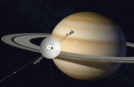 Illustration of Voyager 1 exploring Saturn before heading towards the center of the Milky Way.