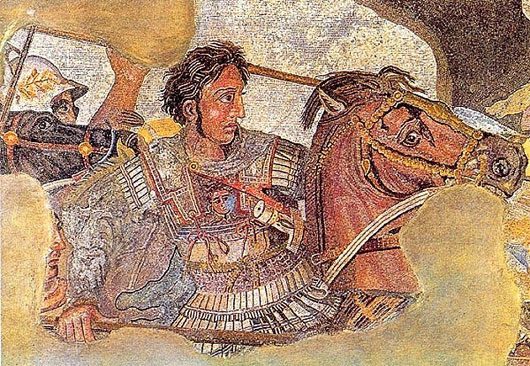 Portrait of Alexander leading his army to conquer Persia, woven into a tapestry.