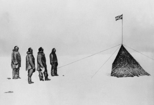 The photo of Amundsen's expedition beside the Norwegian flag after their successful journey to Antarctica 100 years ago.