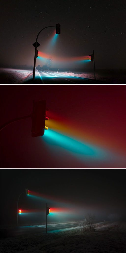 Multicolored street lights appearing as though from another planet.