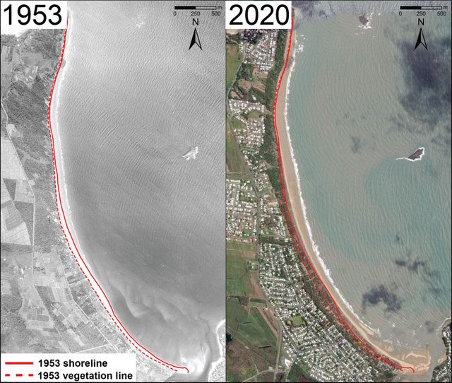 The expansion of Bucasia Beach in Australia from 1953 to 2020.