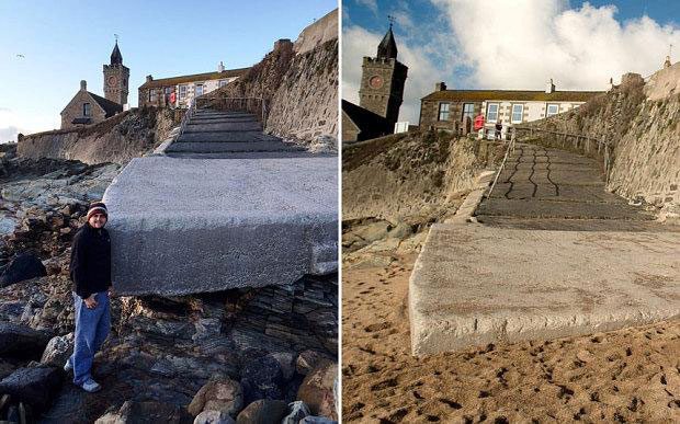 All the sand at Porthleven Beach in England was moved in and out overnight.