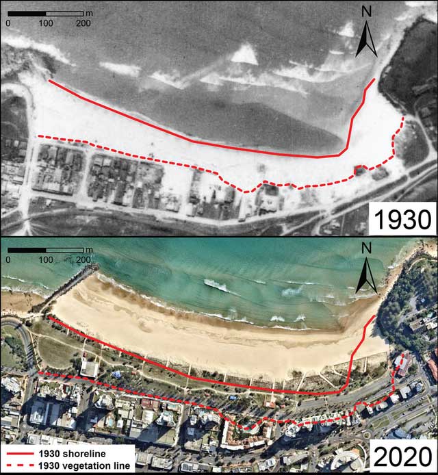 Coolangatta Beach in Australia at two points in time, 1930 and 2020.