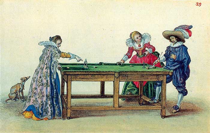  Nobility in the 17th century playing pocket billiards on a green table.