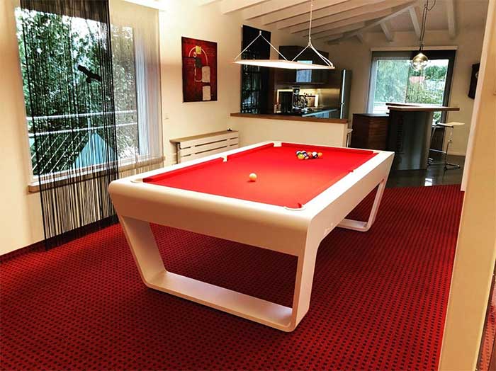 Red billiards table.