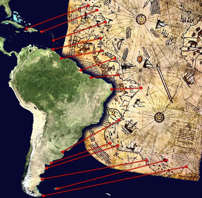 Fragments of the Piri Reis map showing the coast of Central and South America.