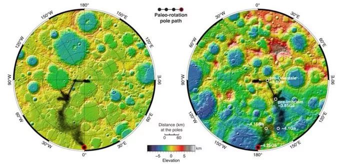 The lunar topography map shows various depressions and the movement of the poles.