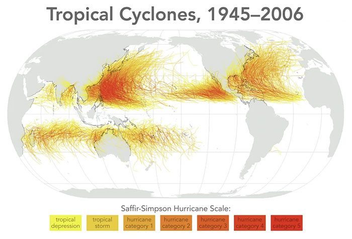 Map showing the formation and movement of storms from 1945 to 2006