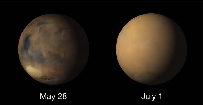 Changes on Mars from May 28 (left) to July 1 (right) during the 2018 dust storm.