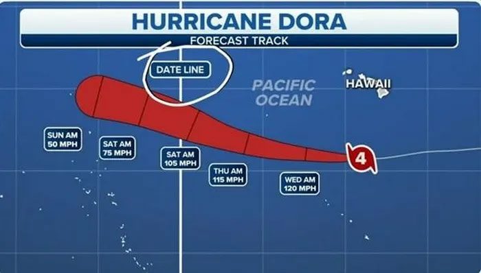 Typhoon Dora crosses the International Date Line.