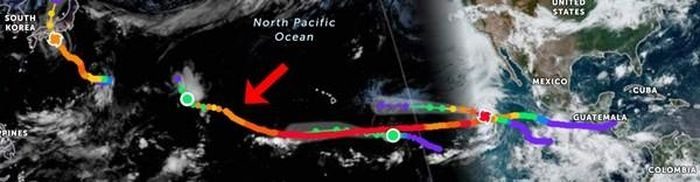 Typhoon Dora's long journey from the Eastern to the Western Pacific.