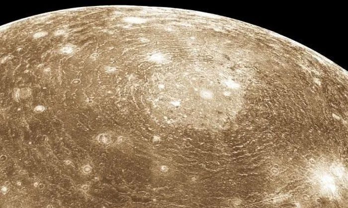 The surface of Callisto's moon still shows the impact scar of Valhalla