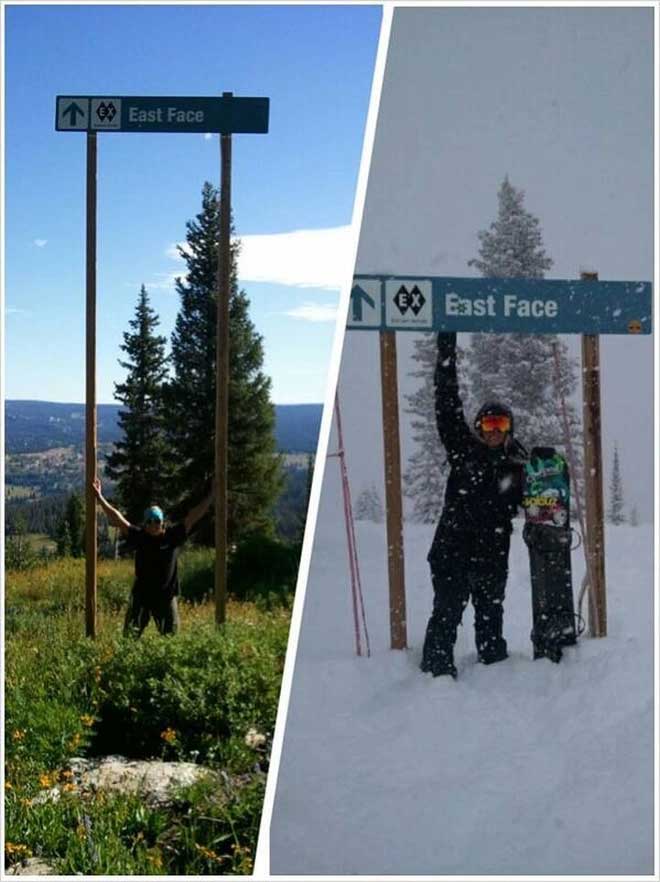 Signs at a ski resort in summer and winter.