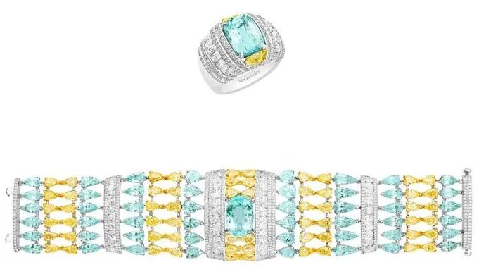 Jewelry set with Paraiba stones and diamonds by Boghossian