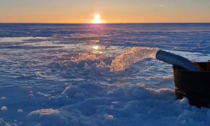 Seawater is pumped onto the snow on the ice to thicken the ice.