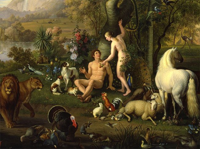 The painting "Adam, Eve, and the Serpent in the Garden of Eden" by artist Wenzel Peter