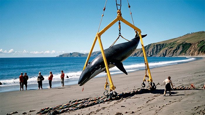 The beaked whale carcass being removed from the beach in New Zealand.