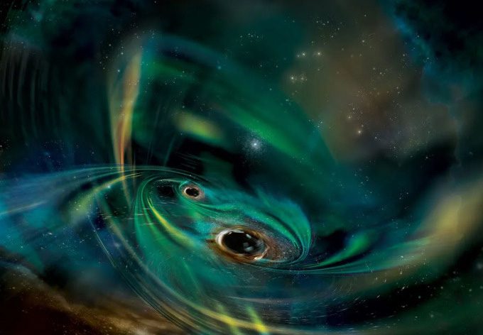 Simulation of the monstrous black hole pair swirling in a gas cloud NASA/Aurore Simonnet.