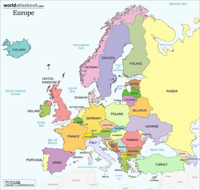 Map of European countries in English.